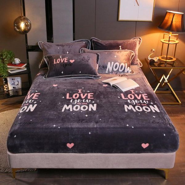 

sheets & sets elastic fitted sheet flannel cartoon bed linen mattress cover solid color 1pcs winter warm soft queen 180x200cm no case