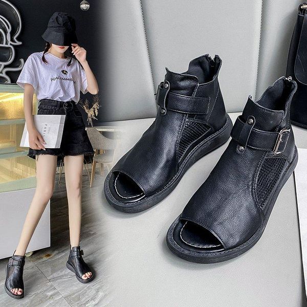 

low sandals woman leather low-heeled rubber slides rome pu fabric hoof heels, Black