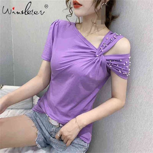 

summer korean clothes t-shirt off shoulder beading cotton women ropa mujer short sleeve bottoming shirt tees t06819 210401, White