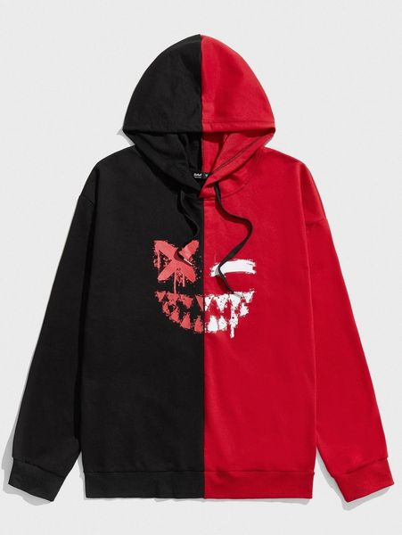 

romwe guys colorblock graphic drawstring hoodie 18rh#, Black
