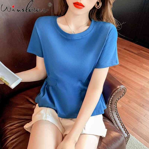 

women's t-shirt summer korean style short cotton fashion solid high waist fold women bottoming shirt elastic all match tees t, White