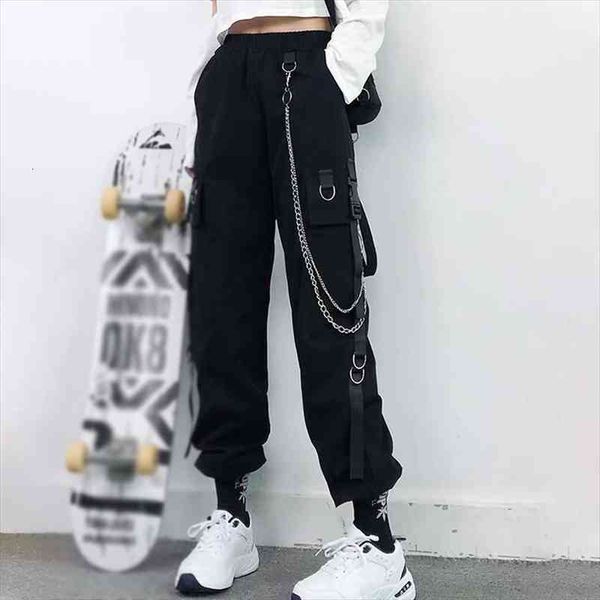

women cargo pants harem pants fashion punk pockets jogger trousers with chain harajuku elastics high waist streetwear, Black;white