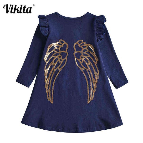 Vikita crianças vestido de algodão para menina crianças lantejoulas douradas vestidos meninas luva manga roupas casuais crianças outono moda vestido g1215