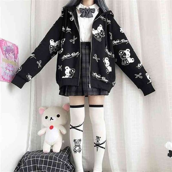 

deeptown gothic sweatshirt women kawaii fashion autumn winter hoodies cute long sleeve zip up hoodie plus velvet pullover 210809, Black