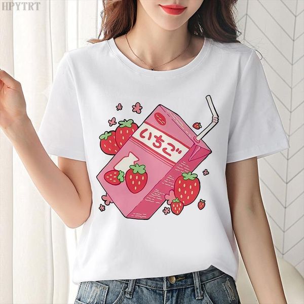 

cartoon strawberry juice print mens t shirt lady and women harajuku cute kawaii white summer casual clothing fashion, White;black