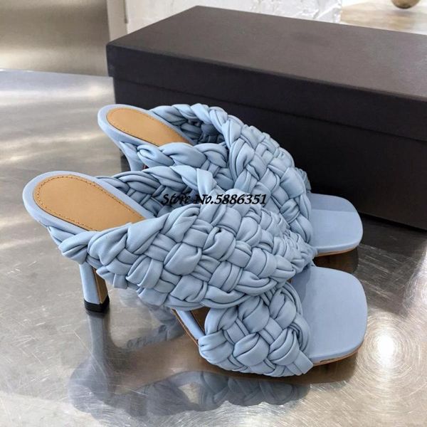

slippers women high heel shoes 2021 summer leather knit b woven v female half drag thin word, Black