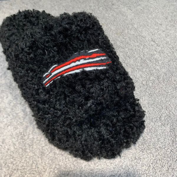 

furry pink slippers faux fur slide sandal sandals, white and blue political campaign embroidery size 35-45, Black