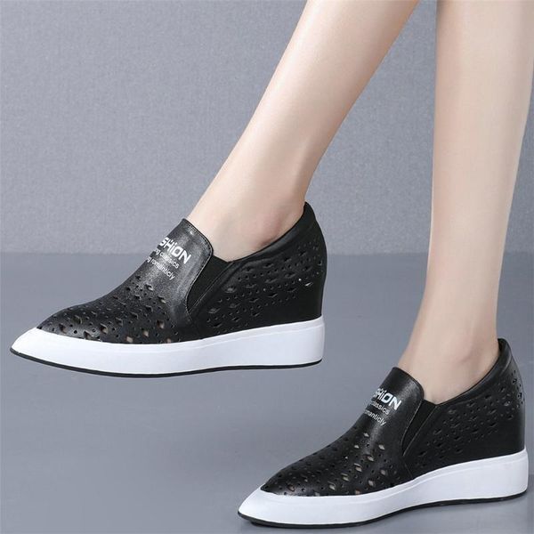 

summer loafers women hollow genuine leather wedges high heel ankle boots female pointed toe fashion sneakers casual shoes, Black