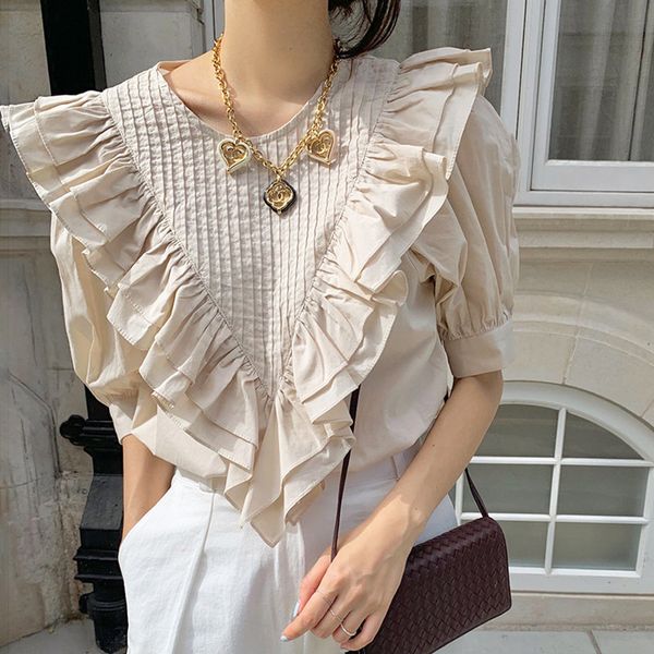 

comelruffles sweet short sleeves elegance lady chic high street gentle femme summer loose fashion blouses 210515, White