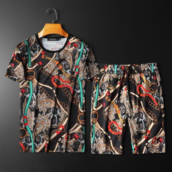 

men's tracksuits fashion pattern luxury black gold short sleeve t shirt suit 2-piece set summer male slim fit + tshirt ropa hombre, Gray