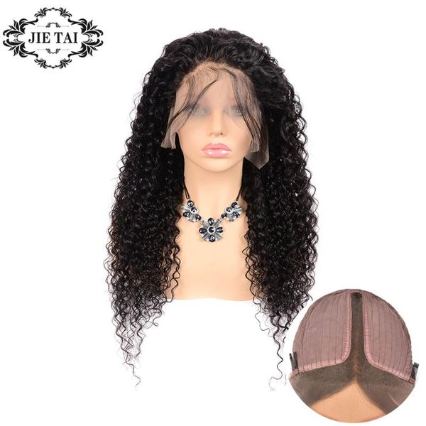 

jerry curly wigs 13*1 t part lace wig for black woman 180 density 8-28 inch human hair brazilian natural color, Black;brown