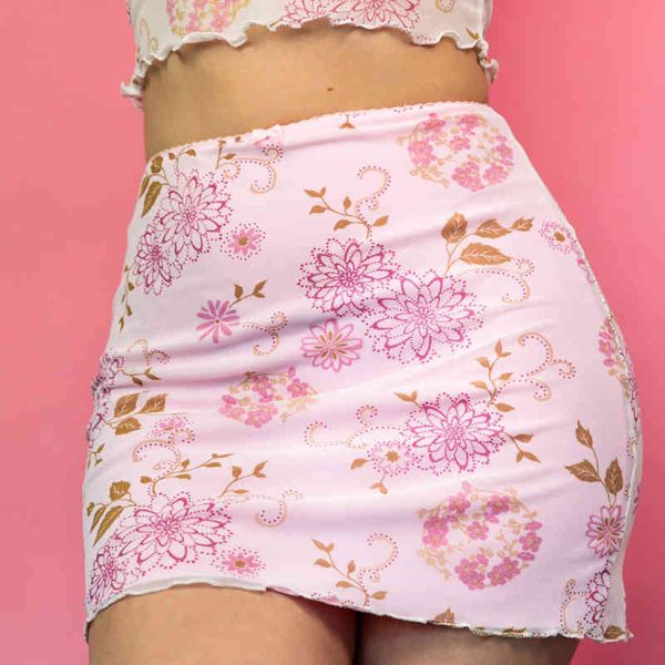 Kawaii Daisy Print Y2K Мини Розовые юбки Женщины Femme Сладкий Летний Высокоцветный Симпатичный Цветочный узор Короткий Карандаш Юбки Saias 210415