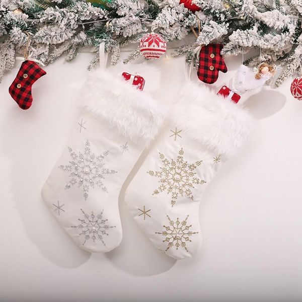 

christmas decorations sock ornament stockings white plush snowflakes pearl candy gift bag tree fireplace decoration