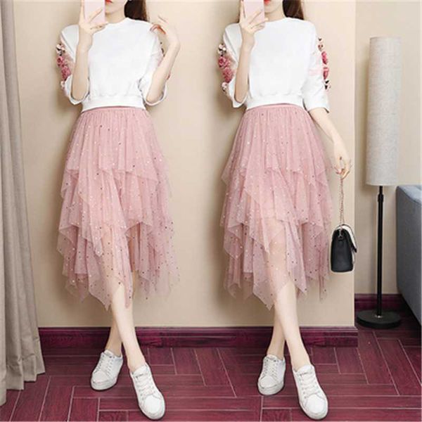 

two piece dress 2021 summer sweet stereoscopic floral embroidery t-shirt + sequined layer mesh skirt set 2 ol women, White