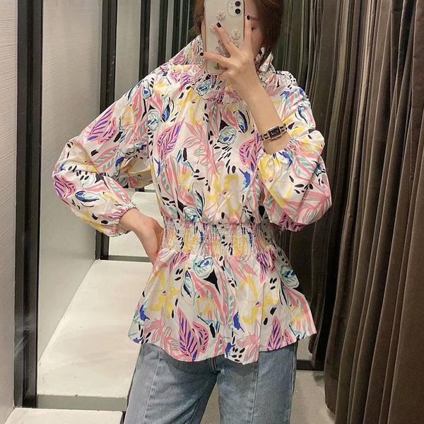 

women's blouses & shirts kumsvag 2021 summer women color print elastic waist long sleeve o-neck female fashion street shirt cloth, White