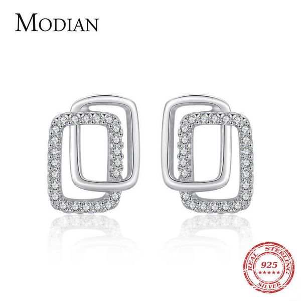 

genuine 925 sterling silver double geometric fashion stud earrings for women girl clear cz anti-allergy fine jewelry 210707, Golden;silver