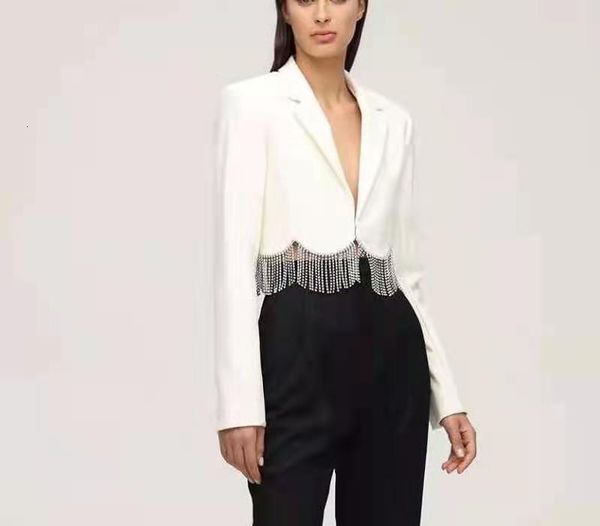

european and american stars with heavy industry tassel black suit jacket + a word diamond chain half skirt, White