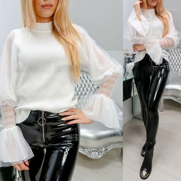 

mesh shher long puff sleeve polka dots knitted blouse women turtleneck knit shirt casual blouses autumn spring women's & shirts, White