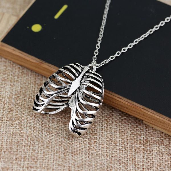 

pendant necklaces anatomical human rib cage body chest necklace skeleton 2021 fashion vintage biology jewelry men, Silver