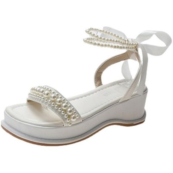 

sandals summer women's shoes lace-up solid string bead round toe fashion sweet heels wedges all-match beach, Black