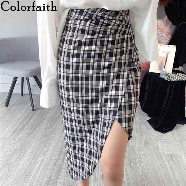 

colorfaith new autumn winter women skirtÂ inÂ aÂ cage high waist vintage elegant wild irregular checkered plaid skirt sk7633 210413, Black
