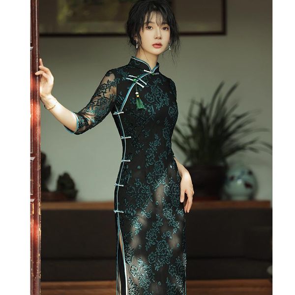 

ethnic clothing lace vintage perspective oriental chinese dress classic mandarin collar cheongsams traditional qipao elegant mesh prom, Red