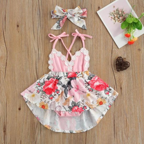 

girl's dresses baby summer outfit floral lace-up v-neck sleeveless backless strappy romper hairband toddler girls clothing 0-24 months, Red;yellow