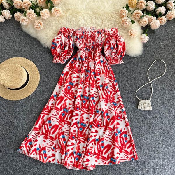 

summer women elastic tube dress 2021 holiday puff sleeve strapless design printed midi female vestidos casual dresses, Black;gray