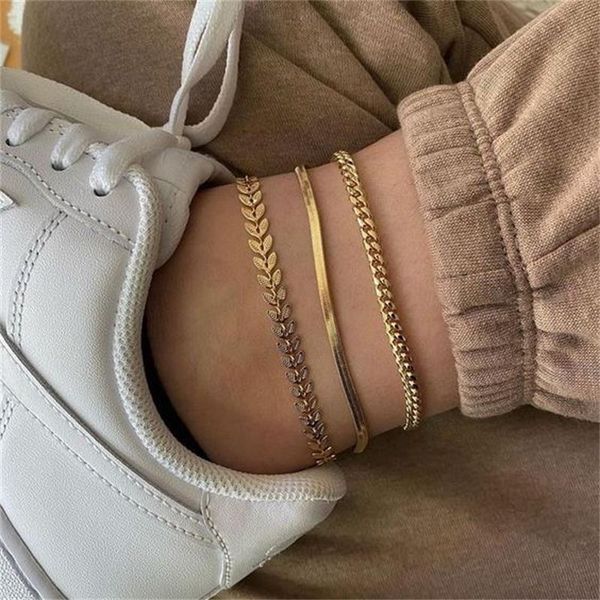 

alloy foot chain suit women's fashion foot chain three piece flat snake wheat chain combination foot ornament, Red;blue