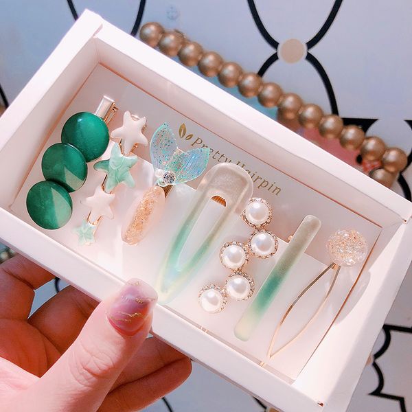 

sea mermaid color hair jewelry korean retro pearl marble hairpin set box ins headwear ornament clips barrettes for women, Golden;silver