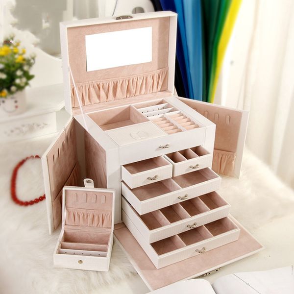 Portagioie portatile Organizzatore Anello Orecchini a bottone JewelryStorageBox con specchio Scatola in ecopelleES WLL769