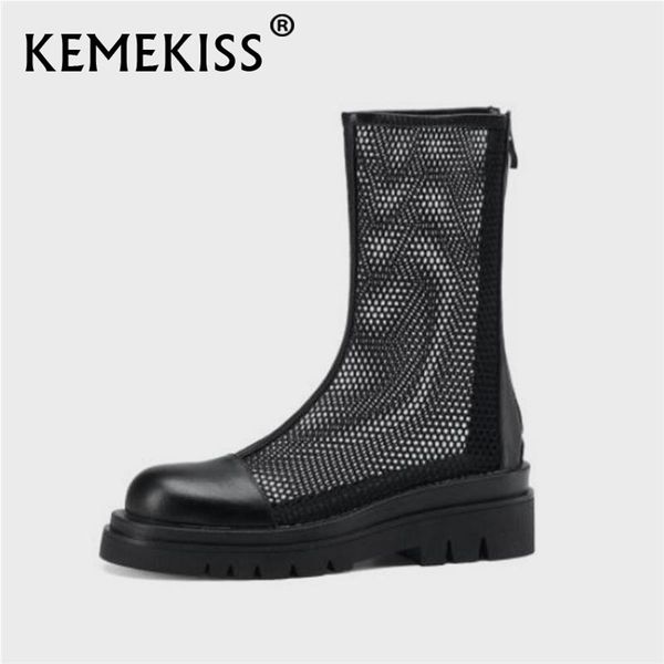 

boots coolcept 2021 real leather women summer cool round toe zipper square heel hollow out outdoor shoes footwear size 33-43, Black