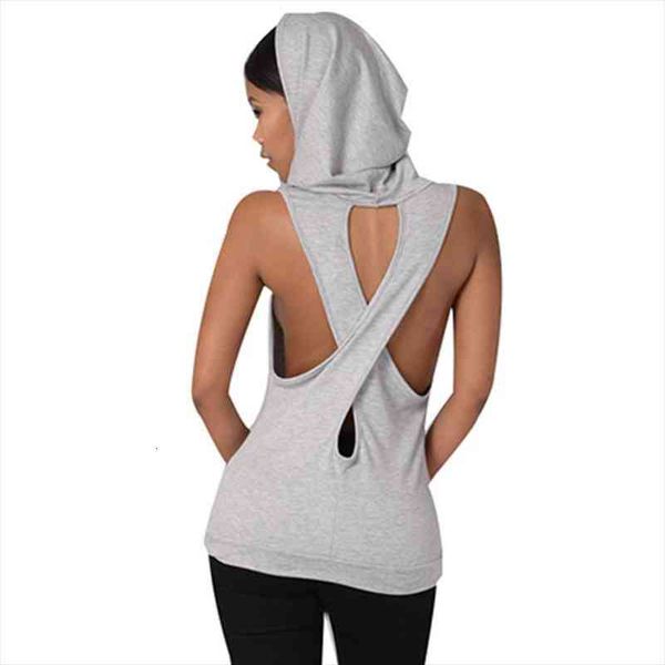 

summer women tank hooded back cross hollow sleeveless vest for women pp800m, White