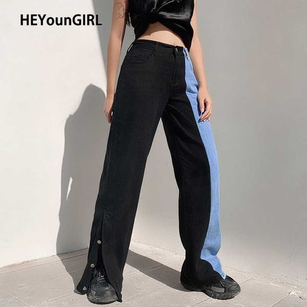 

women's pants & capris heyoungirl split side patchwork jeans women casual straight blue denim harajuku high waisted long trousers ladie, Black;white