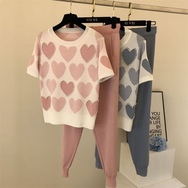 

sweet women knit two piece sets summer love nail bead pullover sweaters slim pants outfit woman tracksuits fashion clothes 210525, White