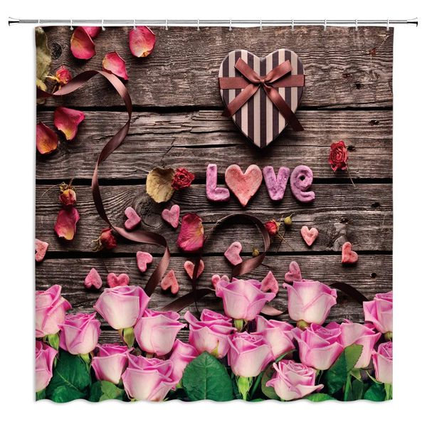 

love shower curtain valentine's day pink roses heart shaped gift wooden board romantic proposal party brown fabric bath curtains