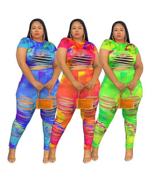 

plus size tracksuits xl-5xl women tie dye print distressed two piece set hollow out short sleeve t shirt crop pencil pants suits, Black