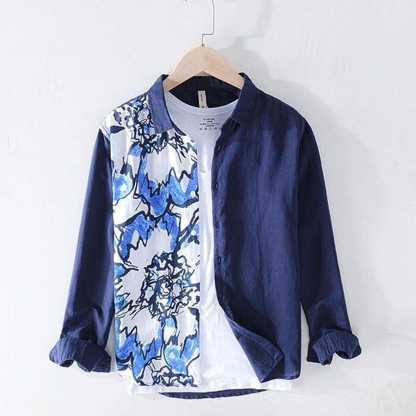 

men's dress shirts men hawaiian shirt breathable long sleeve cotton linen casual white patchwork print loose camisa masculina, White;black