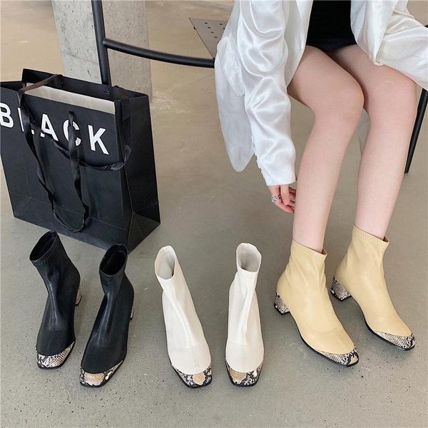 

boots 2021 autumn women's ankle mixed colors square toe short thick heel occident style ladies serpentine, Black