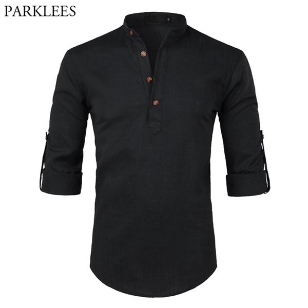 Camisa de algodão preto camisa de algodão homens enrolados de manga musentes vestido casual s fino fita henley masculino chemise homme 210626