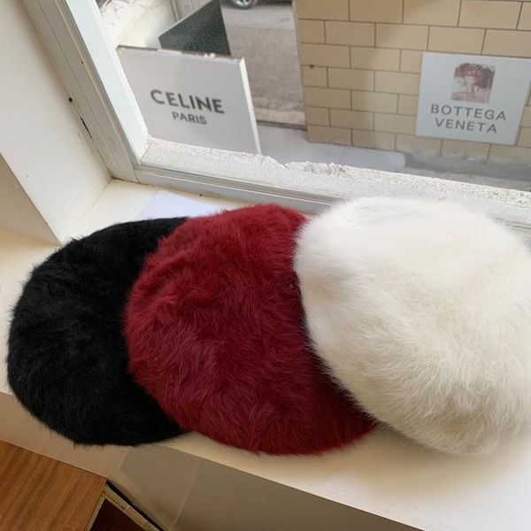 

berets winter warm fur beret hats for women french painter hat girls solid color lady fashion flat wool wholesal, Blue;gray