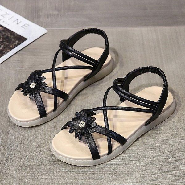 

ly women sandals soft flowers ladies comfortable flat sport open toe shoes sandalias de mujer, Black
