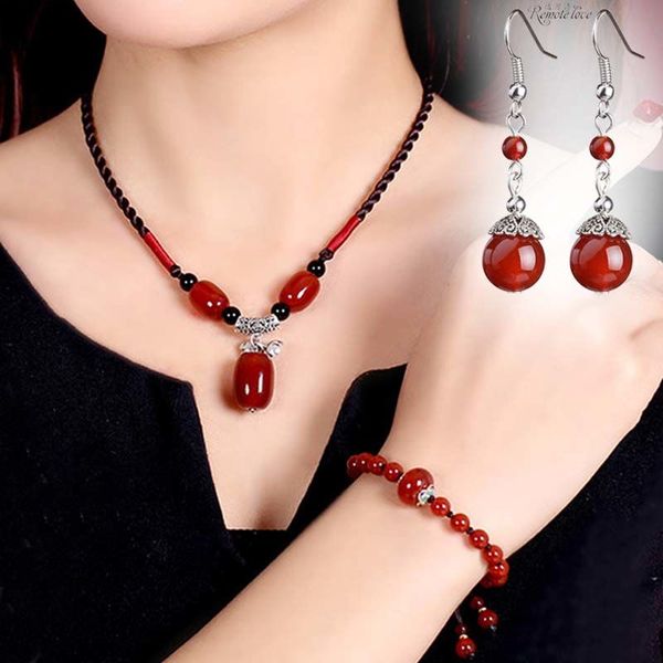 

fashion red agate beads necklace bracelet & earring set with 925 silver accessories for women beaded jewelry ladies, Black