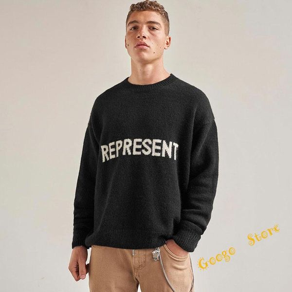 

men's sweaters letters logo jacquard knitted vintage o-neck represent sweater men women casual grey black oversized jumper pullovers, White;black
