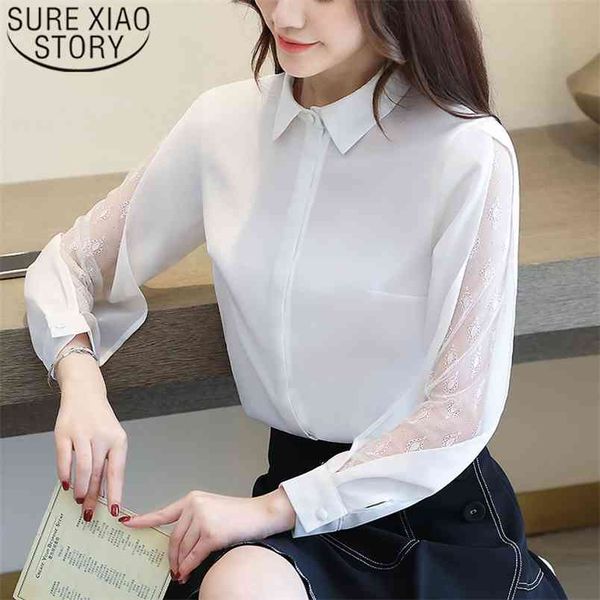 

fashion women chiffon blouses long sleeve spliced solid turn-down collar casual pink white office lady 5403 50 210506