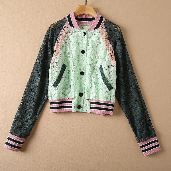 

2021 fall autumn long sleeve round neck white / green contrast color lace panelled jacket elegant casual short slim outwear baseball coats 2, Black;brown