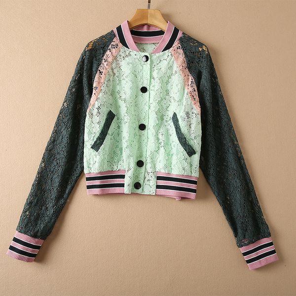 

2021 fall autumn long sleeve round neck white / green contrast color lace panelled jacket elegant casual short slim outwear baseball coats 2, Black;brown