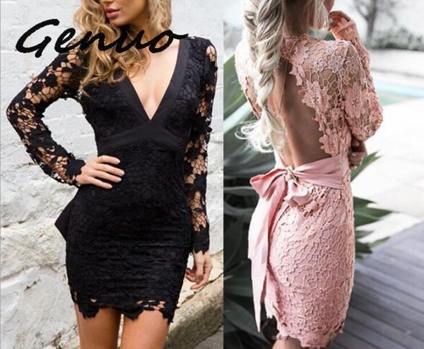 

casual dresses genuo vintage women floral bodycon party summer pink v-neck hollow design backless self-tie lace dress, Black;gray