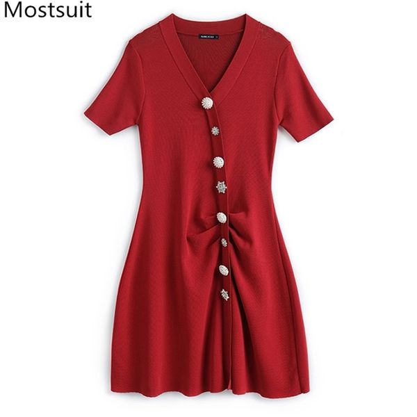 Verão de malha elegante botões vestido mulheres manga curta v-pescoço de moda vestidos elegante vintage senhoras sólidas vestidos femme 210513