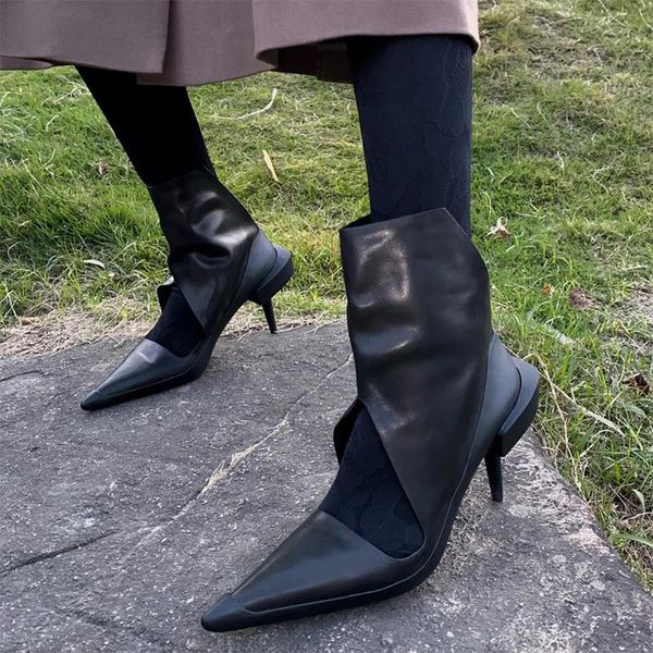 

boots women's black ankle pointed toe hollow out strange heels stilettos shoes m62